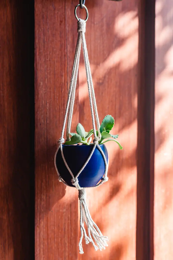 Mini Round Planter with Macrame Hanger  Cobalt Blue